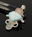 Larimar Gemstone Pendant with Aquamarine and Morganite , Wire Wrapped Pendant, Silver Jewelry Gifts for Her, Bohemian Jewelry