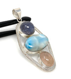 Larimar Gemstone Pendant with Morganite and Tanzanite , Wire Wrapped Pendant, Silver Jewelry Gifts for Her, Bohemian Jewelry