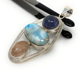 Larimar Gemstone Pendant with Morganite and Tanzanite , Wire Wrapped Pendant, Silver Jewelry Gifts for Her, Bohemian Jewelry
