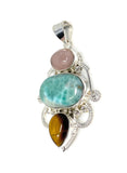 Gemstone Pendant - Larimar, Tigers Eye and Morganite Pendant, Wire Wrapped Pendant Silver Jewelry Gifts for Her, Bohemian Jewelry
