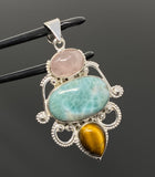 Gemstone Pendant - Larimar, Tigers Eye and Morganite Pendant, Wire Wrapped Pendant Silver Jewelry Gifts for Her, Bohemian Jewelry