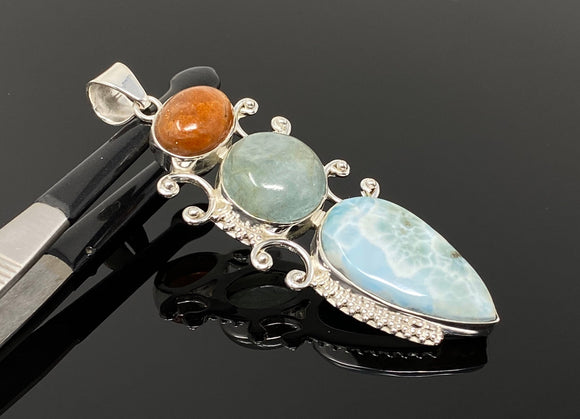 Larimar Gemstone Pendant with Aquamarine and Sunstone, Wire Wrapped Pendant, Silver Jewelry Gifts for Her, Bohemian Jewelry