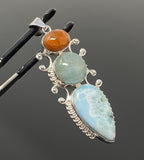 Larimar Gemstone Pendant with Aquamarine and Sunstone, Wire Wrapped Pendant, Silver Jewelry Gifts for Her, Bohemian Jewelry