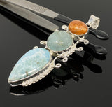 Larimar Gemstone Pendant with Aquamarine and Sunstone, Wire Wrapped Pendant, Silver Jewelry Gifts for Her, Bohemian Jewelry