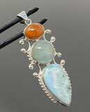Larimar Gemstone Pendant with Aquamarine and Sunstone, Wire Wrapped Pendant, Silver Jewelry Gifts for Her, Bohemian Jewelry