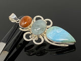Sterling Silver Gemstone Pendant : Larimar, Aquamarine & Sunstone, Spiritual Healing Crystal Pendant, Aura Chakra Jewelry, Bohemian Jewelry