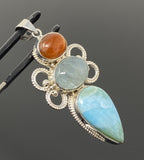 Sterling Silver Gemstone Pendant : Larimar, Aquamarine & Sunstone, Spiritual Healing Crystal Pendant, Aura Chakra Jewelry, Bohemian Jewelry