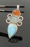 Sterling Silver Gemstone Pendant : Larimar, Aquamarine & Sunstone, Spiritual Healing Crystal Pendant, Aura Chakra Jewelry, Bohemian Jewelry