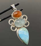 Sterling Silver Gemstone Pendant : Larimar, Aquamarine & Sunstone, Spiritual Healing Crystal Pendant, Aura Chakra Jewelry, Bohemian Jewelry