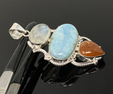 Larimar Gemstone Pendant with Aquamarine and Sunstone, Wire Wrapped Pendant, Silver Jewelry Gifts for Her, Bohemian Jewelry