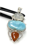 Larimar Gemstone Pendant with Aquamarine and Sunstone, Wire Wrapped Pendant, Silver Jewelry Gifts for Her, Bohemian Jewelry