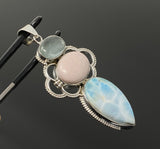 Gemstone Pendant - Larimar, Aquamarine and Pink Opal, Wire Wrapped Pendant, Silver Jewelry Gifts for Her, Bohemian Jewelry