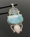 Gemstone Pendant - Larimar, Aquamarine and Pink Opal, Wire Wrapped Pendant, Silver Jewelry Gifts for Her, Bohemian Jewelry