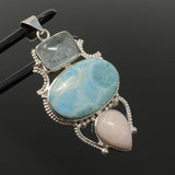 Gemstone Pendant - Larimar, Aquamarine and Pink Opal, Wire Wrapped Pendant, Silver Jewelry Gifts for Her, Bohemian Jewelry