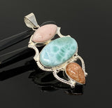 Gemstone Pendant - Larimar, Sunstone and Pink Opal, Wire Wrapped Pendant, Silver Jewelry Gifts for Her, Bohemian Jewelry