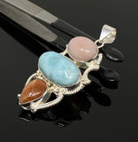 Gemstone Pendant - Larimar, Aquamarine and Pink Opal, Wire Wrapped Pendant, Silver Jewelry Gifts for Her, Bohemian Jewelry
