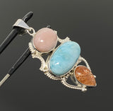 Gemstone Pendant - Larimar, Aquamarine and Pink Opal, Wire Wrapped Pendant, Silver Jewelry Gifts for Her, Bohemian Jewelry