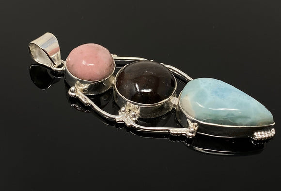 Gemstone Pendant - Larimar, Cats Eye and Pink Opal, Wire Wrapped Pendant, Silver Jewelry Gifts for Her, Bohemian Jewelry