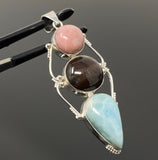 Gemstone Pendant - Larimar, Cats Eye and Pink Opal, Wire Wrapped Pendant, Silver Jewelry Gifts for Her, Bohemian Jewelry