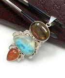 Gemstone Pendant - Larimar, Sunstone and Labradorite, Wire Wrapped Pendant, Silver Jewelry Gifts for Her, Bohemian Jewelry