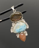 Gemstone Pendant - Larimar, Sunstone and Labradorite, Wire Wrapped Pendant, Silver Jewelry Gifts for Her, Bohemian Jewelry