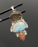 Gemstone Pendant - Larimar, Sunstone and Labradorite, Wire Wrapped Pendant, Silver Jewelry Gifts for Her, Bohemian Jewelry