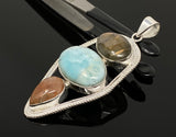 Gemstone Pendant - Larimar, Sunstone and Labradorite, Wire Wrapped Pendant, Silver Jewelry Gifts for Her, Bohemian Jewelry