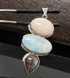 Gemstone Pendant - Larimar, Pink Opal and Labradorite , Wire Wrapped Pendant, Silver Jewelry Gifts for Her, Bohemian Jewelry