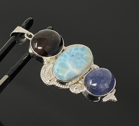 Gemstone Pendant - Larimar, Cats Eye and Tanzanite, Wire Wrapped Pendant, Silver Jewelry Gifts for Her, Bohemian Jewelry