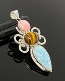 Gemstone Pendant - Larimar, Tigers Eye and Pink Opal Pendant, Wire Wrapped Pendant Silver Jewelry Gifts for Her, Bohemian Jewelry