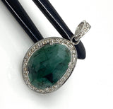 Emerald Diamond Pendant, Natural Emerald Sterling Silver Pendant, May Birthstone Pendant, Pave Diamond Pendant, 1.40” x 0.75”