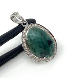 Emerald Diamond Pendant, Natural Emerald Sterling Silver Pendant, May Birthstone Pendant, Pave Diamond Pendant, 1.40” x 0.75”