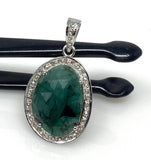 Emerald Diamond Pendant, Natural Emerald Sterling Silver Pendant, May Birthstone Pendant, Pave Diamond Pendant, 1.40” x 0.75”