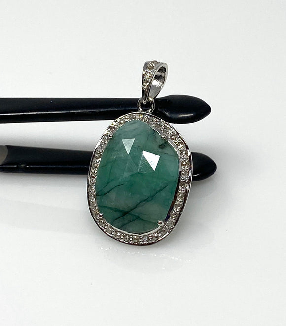 Emerald Diamond Pendant, Natural Emerald Sterling Silver Pendant, May Birthstone Pendant, Pave Diamond Pendant, 1.40” x 0.75”