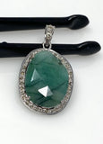 Emerald Diamond Pendant, Natural Emerald Sterling Silver Pendant, May Birthstone Pendant, Pave Diamond Pendant, 1.40” x 0.75”