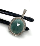 Emerald Diamond Pendant, Natural Emerald Sterling Silver Pendant, May Birthstone Pendant, Pave Diamond Pendant, 1.25” x 0.75”