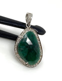 Emerald Diamond Pendant, Natural Emerald Sterling Silver Pendant, May Birthstone Pendant, Pave Diamond Pendant, 1.50” x 0.80”