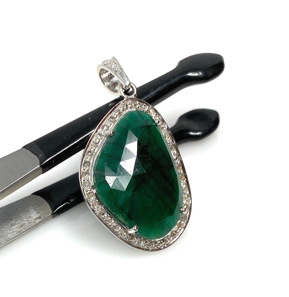 Emerald Diamond Pendant, Natural Emerald Sterling Silver Pendant, May Birthstone Pendant, Pave Diamond Pendant, 1.50” x 0.80”
