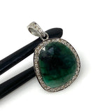 Emerald Diamond Pendant, Natural Emerald Sterling Silver Pendant, May Birthstone Pendant, Pave Diamond Pendant, 1.35” x 0.80”