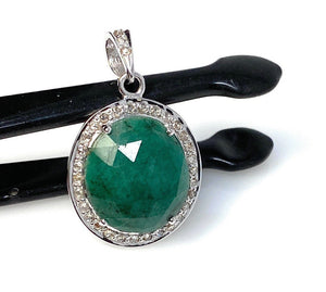 Emerald Diamond Pendant, Natural Emerald Sterling Silver Pendant, May Birthstone Pendant, Pave Diamond Pendant, 1.20” x 0.75”