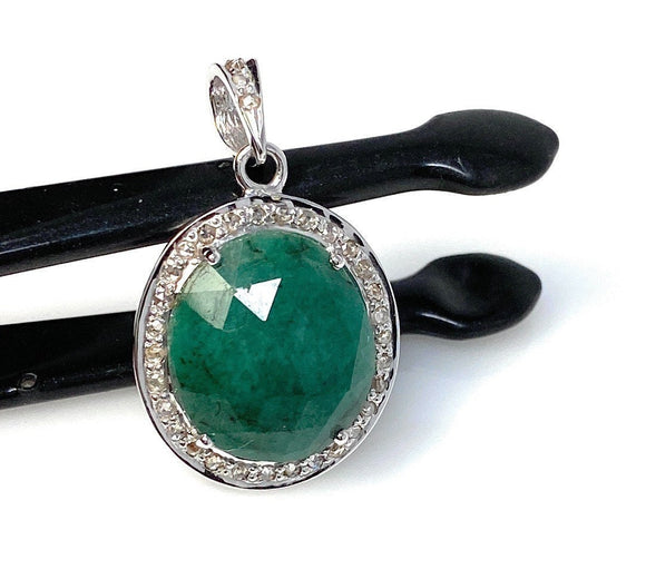 Emerald Diamond Pendant, Natural Emerald Sterling Silver Pendant, May Birthstone Pendant, Pave Diamond Pendant, 1.20” x 0.75”