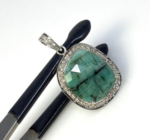 Emerald Diamond Pendant, Natural Emerald Sterling Silver Pendant, May Birthstone Pendant, Pave Diamond Pendant, 1.30” x 0.85”