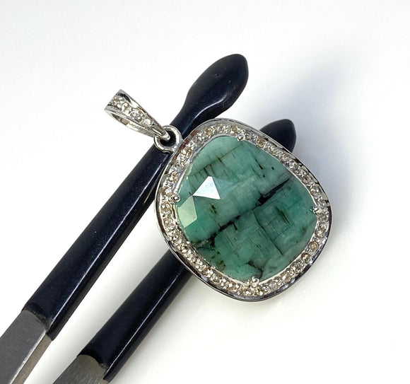 Emerald Diamond Pendant, Natural Emerald Sterling Silver Pendant, May Birthstone Pendant, Pave Diamond Pendant, 1.30” x 0.85”