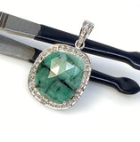 Emerald Diamond Pendant, Natural Emerald Sterling Silver Pendant, May Birthstone Pendant, Pave Diamond Pendant, 1.30” x 0.85”