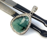 Emerald Diamond Pendant, Natural Emerald Sterling Silver Pendant, May Birthstone Pendant, Pave Diamond Pendant, 1.40” x 0.75”