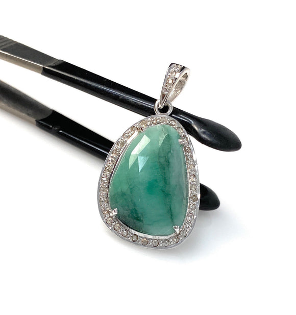 Emerald Diamond Pendant, Natural Emerald Sterling Silver Pendant, May Birthstone Pendant, Pave Diamond Pendant, 1.75” x 0.80”