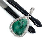 Emerald Diamond Pendant, Natural Emerald Sterling Silver Pendant, May Birthstone Pendant, Pave Diamond Pendant, 1.40” x 0.75”