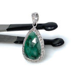 Emerald Diamond Pendant, Natural Emerald Sterling Silver Pendant, May Birthstone Pendant, Pave Diamond Pendant, 1.40” x 0.75”