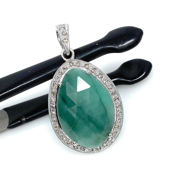 Emerald Diamond Pendant, Natural Emerald Sterling Silver Pendant, May Birthstone Pendant, Pave Diamond Pendant, 1.40” x 0.80”