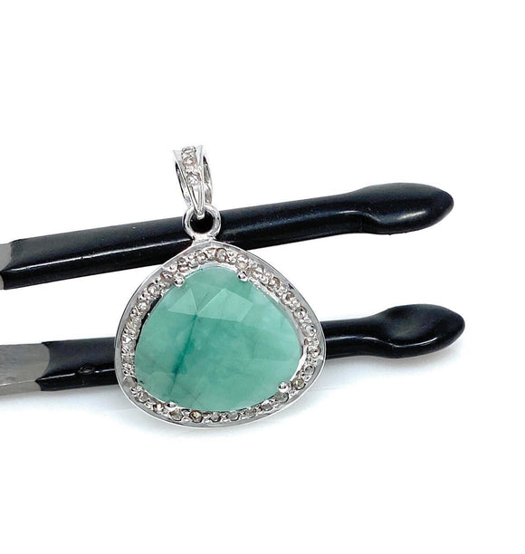 Emerald Diamond Pendant, Natural Emerald Sterling Silver Pendant, May Birthstone Pendant, Pave Diamond Pendant, 1.15” x 0.80”